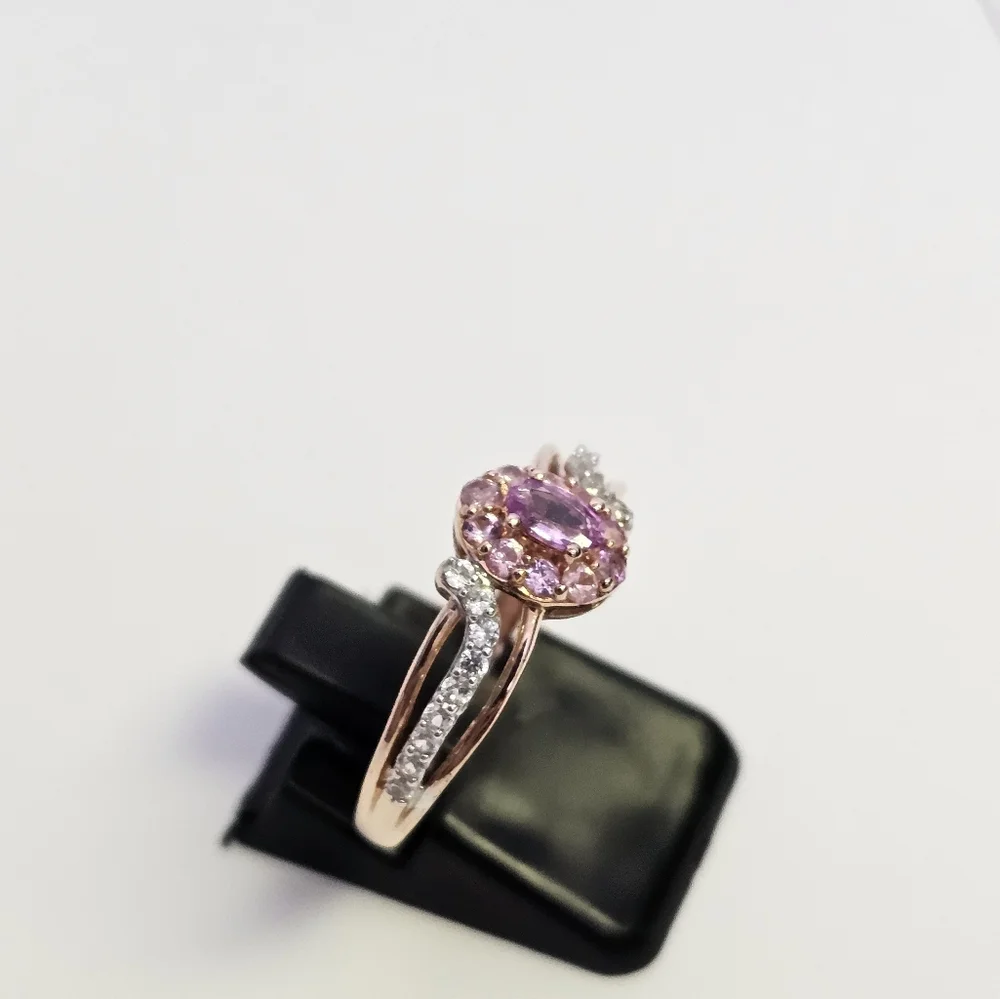 Natural Pink Sapphire & White Zircon Halo Ring in 14k Rose Gold/925 Size 7.5! - Picture 7 of 9